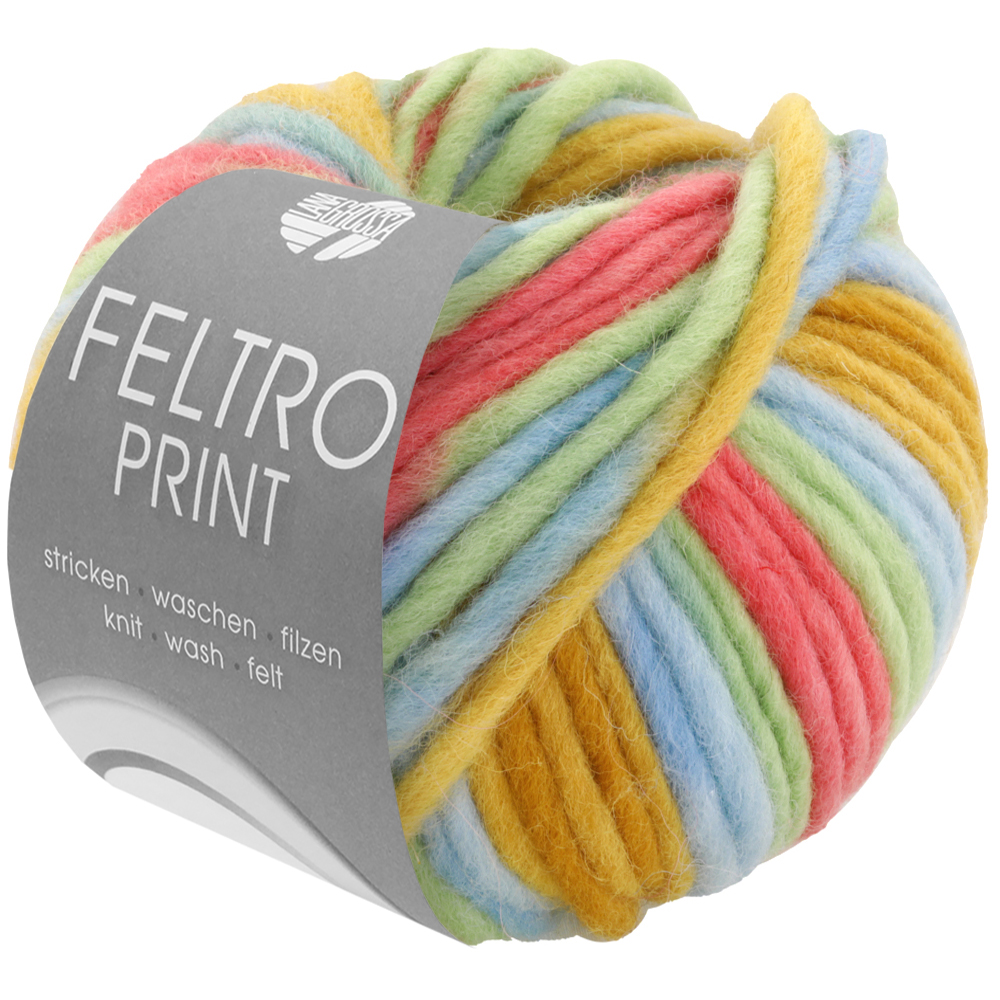 Lana Grossa Feltro Print 1306 Senfgelb/Hellblau/Jade/Zinnoberrot