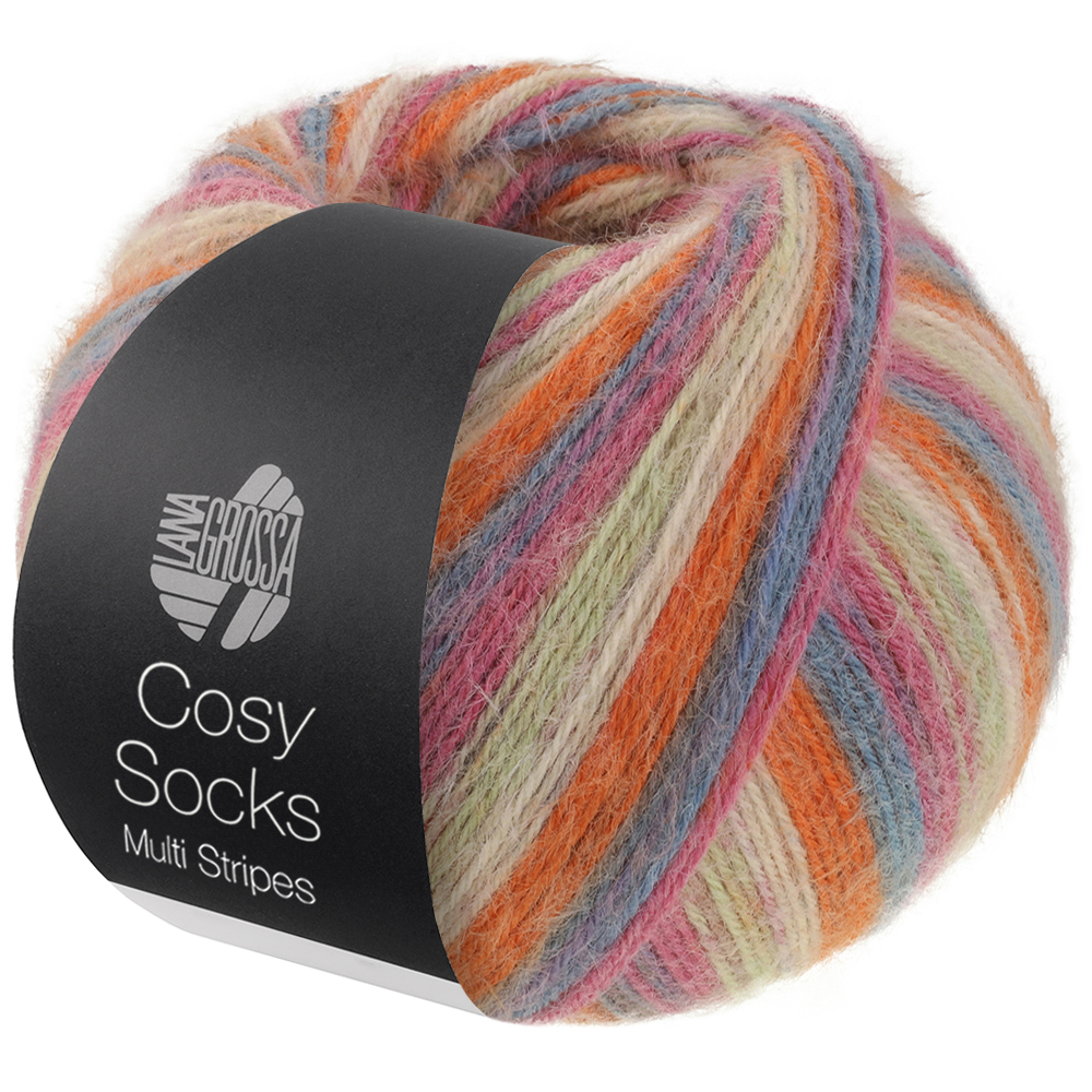Lana Grossa Cosy Socks Multi Stripes 154 Dunkelgrau/Graublau/Fuchsia/Lichtgrün/ Creme/Orange 100g