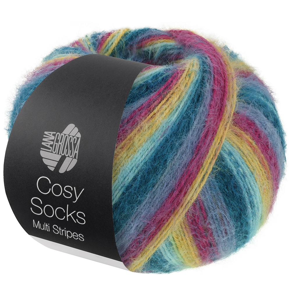 Lana Grossa Cosy Socks Multi Stripes 155 Dunkelpetrol/Helltürkis/Gelb/Orchidee/Grauviolett 100g