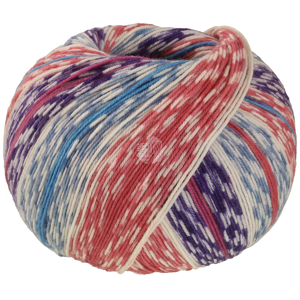 Lana Grossa Meilenweit 100 Cashmere Mezzo 4204 Hellrot/Azurblau/Ecru/Dunkelviolett/Pink/Grau 100g