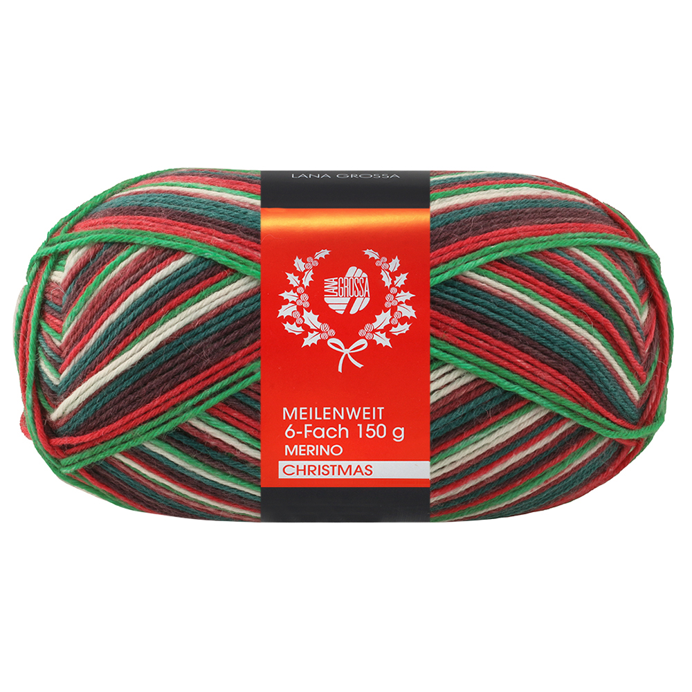 Lana Grossa Meilenweit 6-f 150 Merino Christmas 630 Dunkelrot/Grün/Weiß