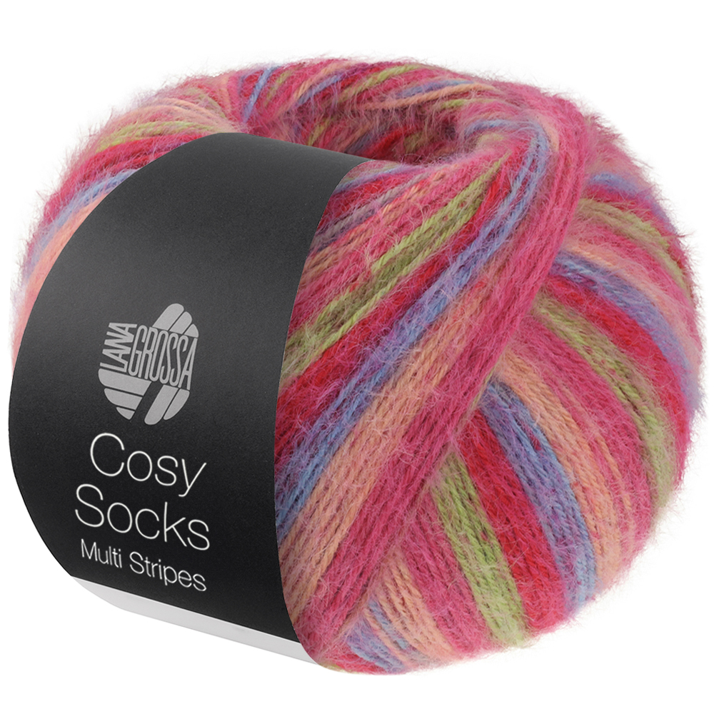 Lana Grossa Cosy Socks Multi Stripes 152 Tulpenrot/Veilchenblau/Lachsrosa/Pink/Hellgrün 100g