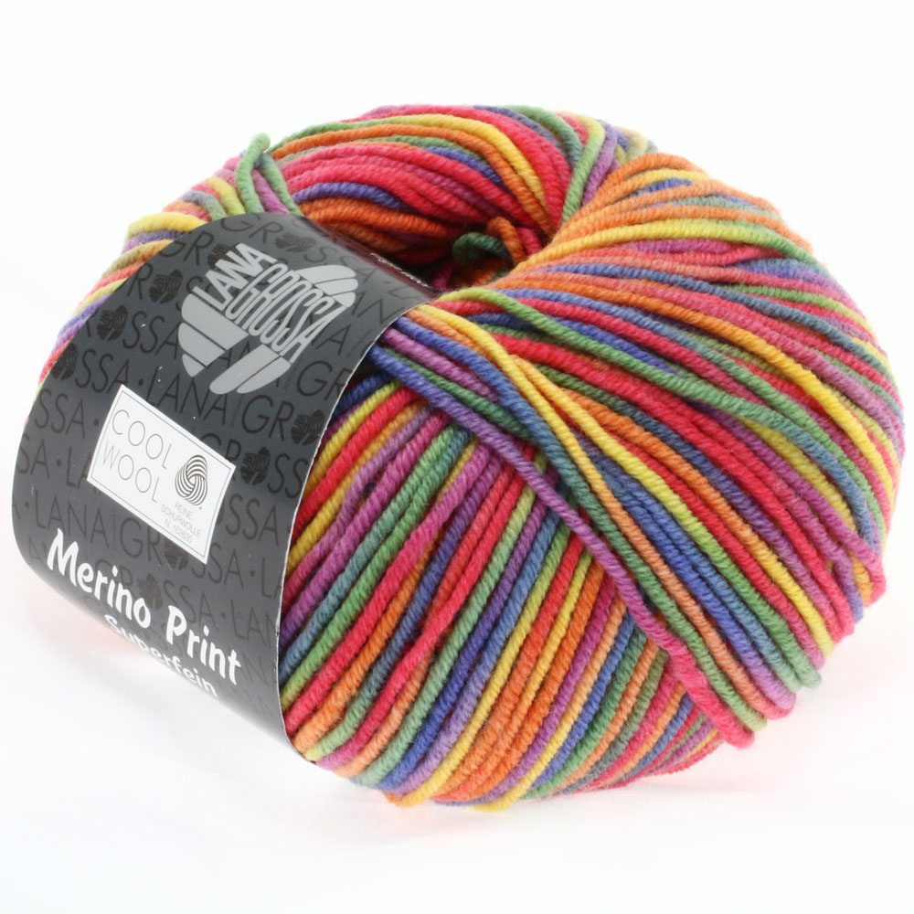 Lana Grossa Cool Wool 2000 Print 703 Lila/Grün/Himbeer/Orange/Gelb/Blau 50g