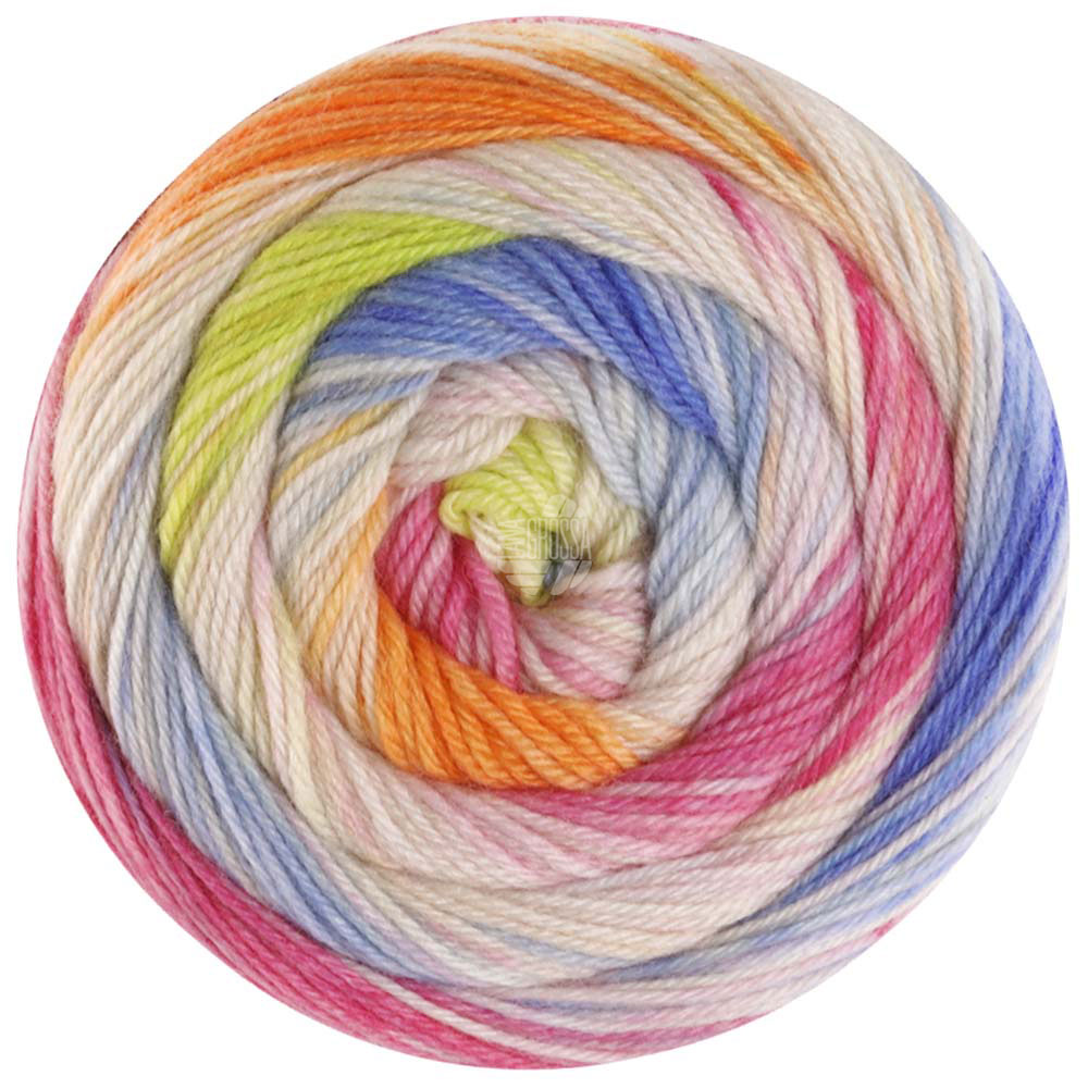 Lana Grossa Meilenweit 100 Dusk 6203 Gelb/Ecru/Pink/Himmel-/Kobaltblau/Orange